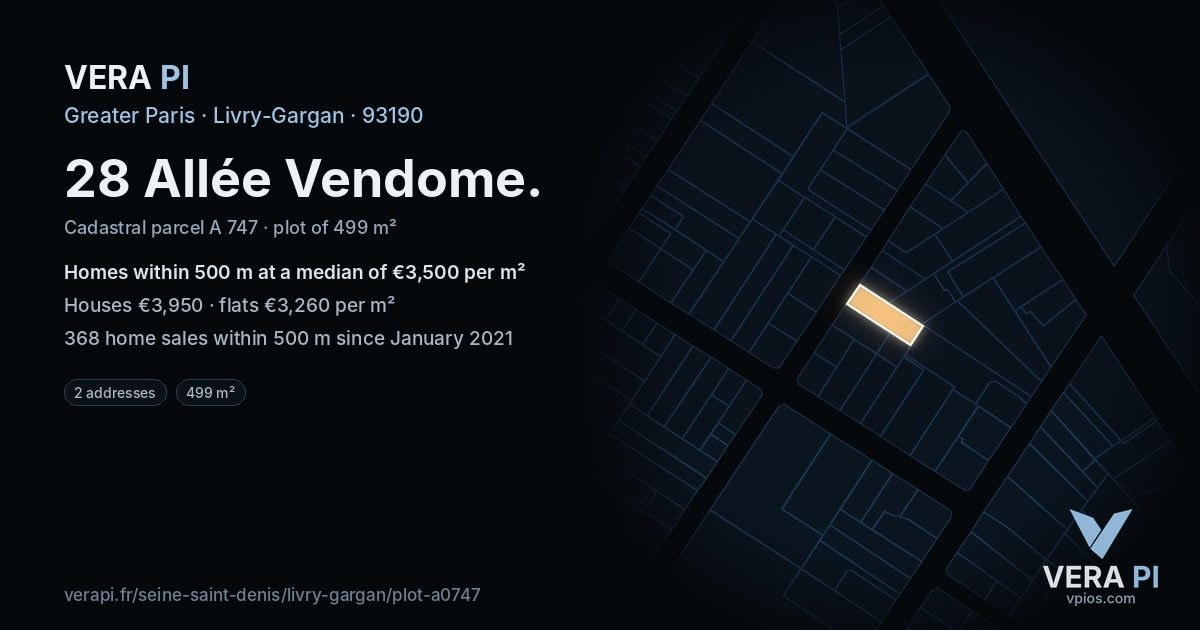 28 Allée Vendome, Livry-Gargan at night – the plot lit, the parcels around coloured by the prices near them