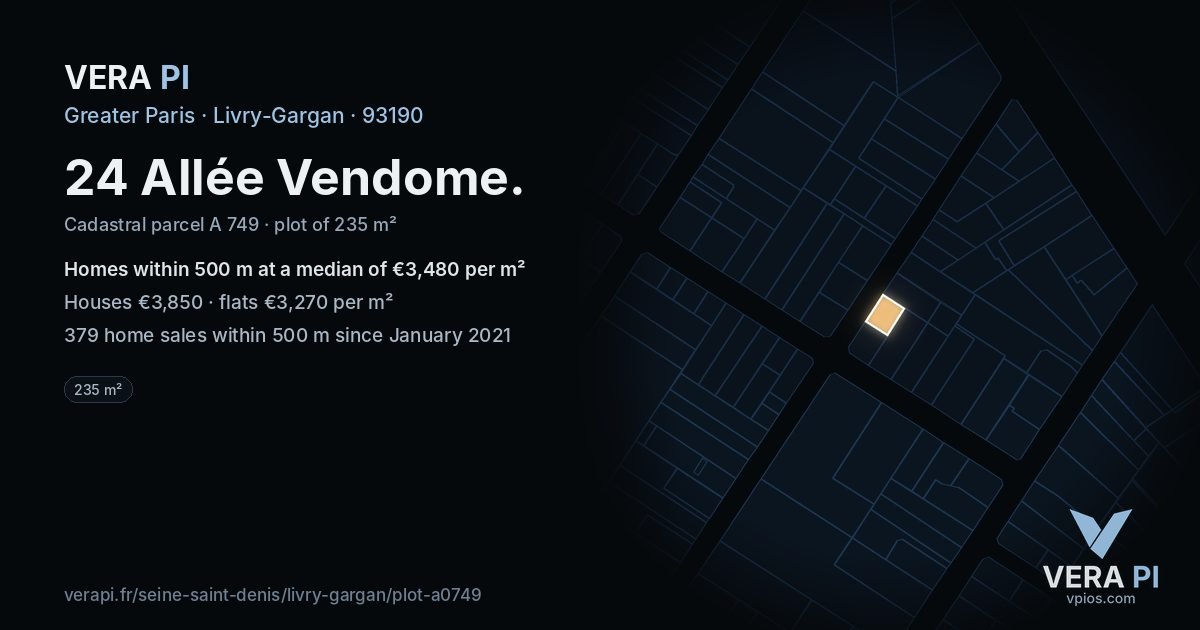 24 Allée Vendome, Livry-Gargan at night – the plot lit, the parcels around coloured by the prices near them