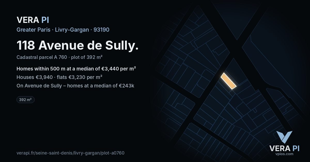 118 Avenue de Sully, Livry-Gargan at night – the plot lit, the parcels around coloured by the prices near them