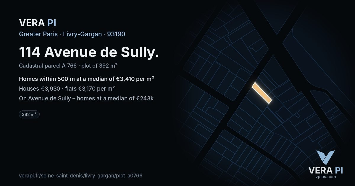 114 Avenue de Sully, Livry-Gargan at night – the plot lit, the parcels around coloured by the prices near them