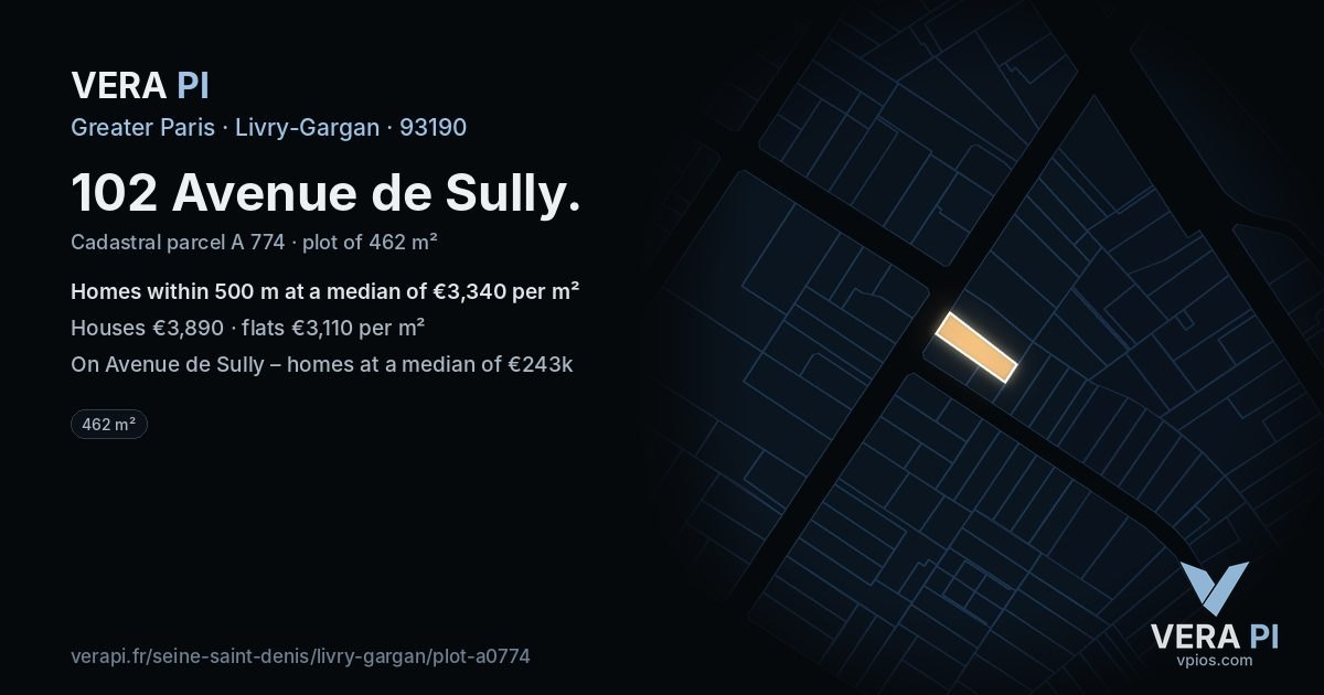 102 Avenue de Sully, Livry-Gargan at night – the plot lit, the parcels around coloured by the prices near them