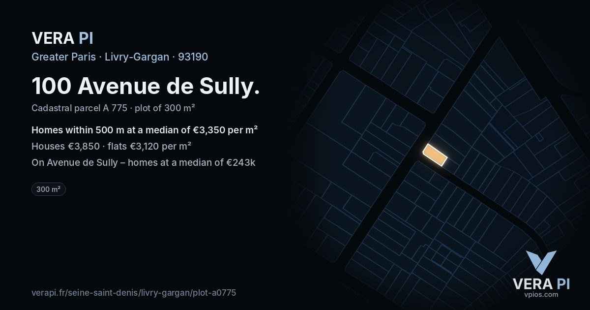 100 Avenue de Sully, Livry-Gargan at night – the plot lit, the parcels around coloured by the prices near them