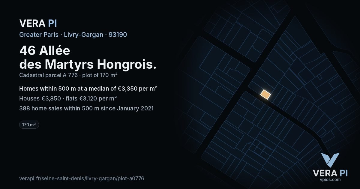 46 Allée des Martyrs Hongrois, Livry-Gargan at night – the plot lit, the parcels around coloured by the prices near them