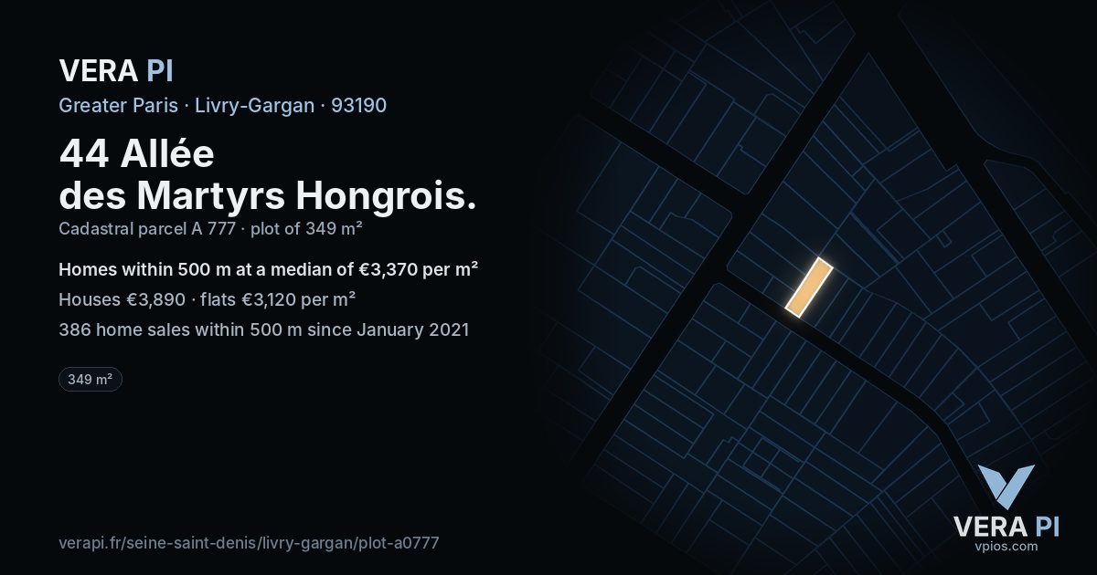 44 Allée des Martyrs Hongrois, Livry-Gargan at night – the plot lit, the parcels around coloured by the prices near them