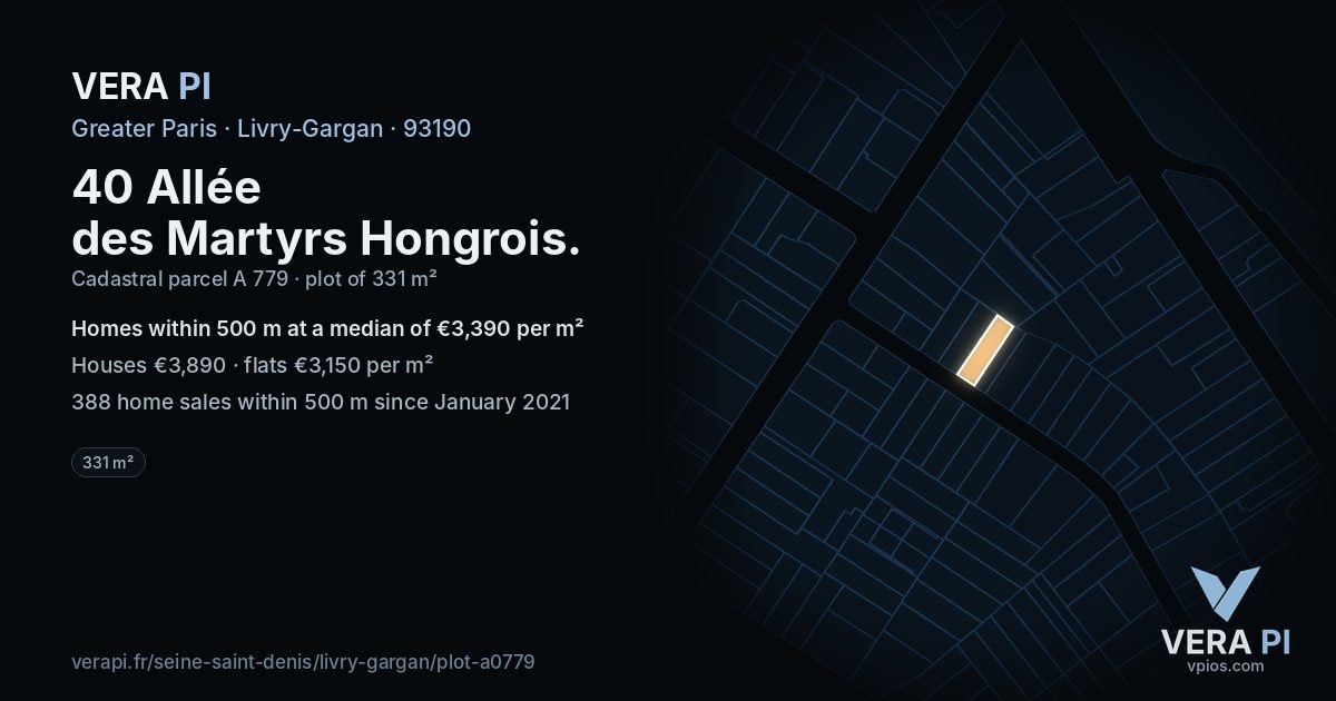 40 Allée des Martyrs Hongrois, Livry-Gargan at night – the plot lit, the parcels around coloured by the prices near them