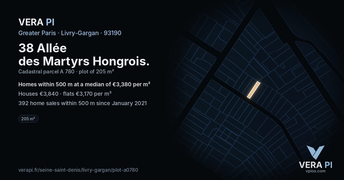 38 Allée des Martyrs Hongrois, Livry-Gargan at night – the plot lit, the parcels around coloured by the prices near them
