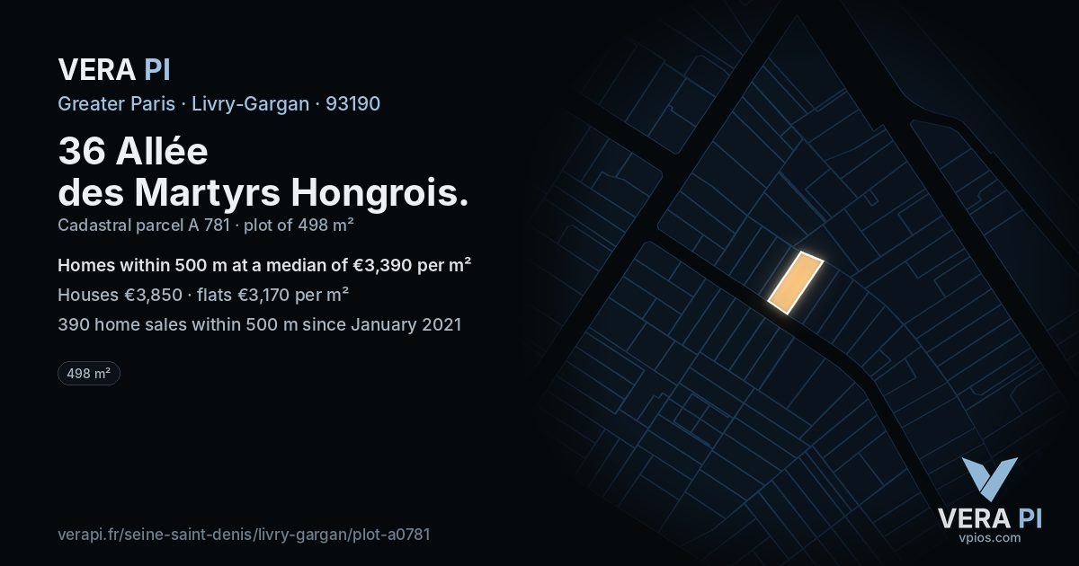 36 Allée des Martyrs Hongrois, Livry-Gargan at night – the plot lit, the parcels around coloured by the prices near them