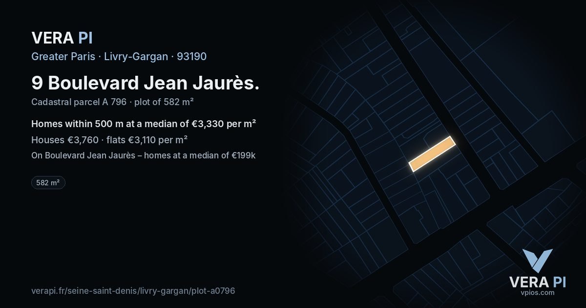 9 Boulevard Jean Jaurès, Livry-Gargan at night – the plot lit, the parcels around coloured by the prices near them
