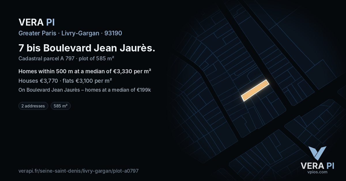 7 bis Boulevard Jean Jaurès, Livry-Gargan at night – the plot lit, the parcels around coloured by the prices near them