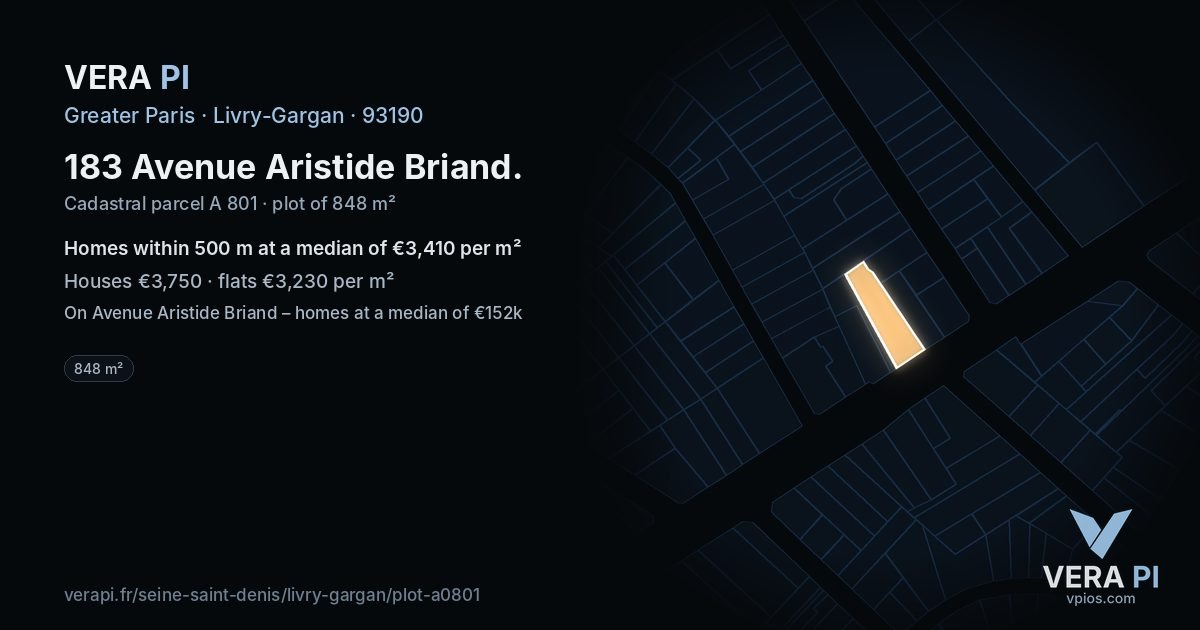 183 Avenue Aristide Briand, Livry-Gargan at night – the plot lit, the parcels around coloured by the prices near them