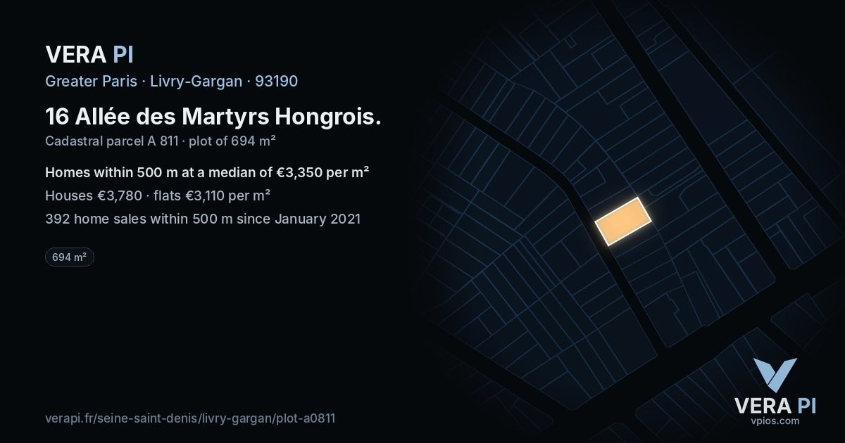 16 Allée des Martyrs Hongrois, Livry-Gargan at night – the plot lit, the parcels around coloured by the prices near them