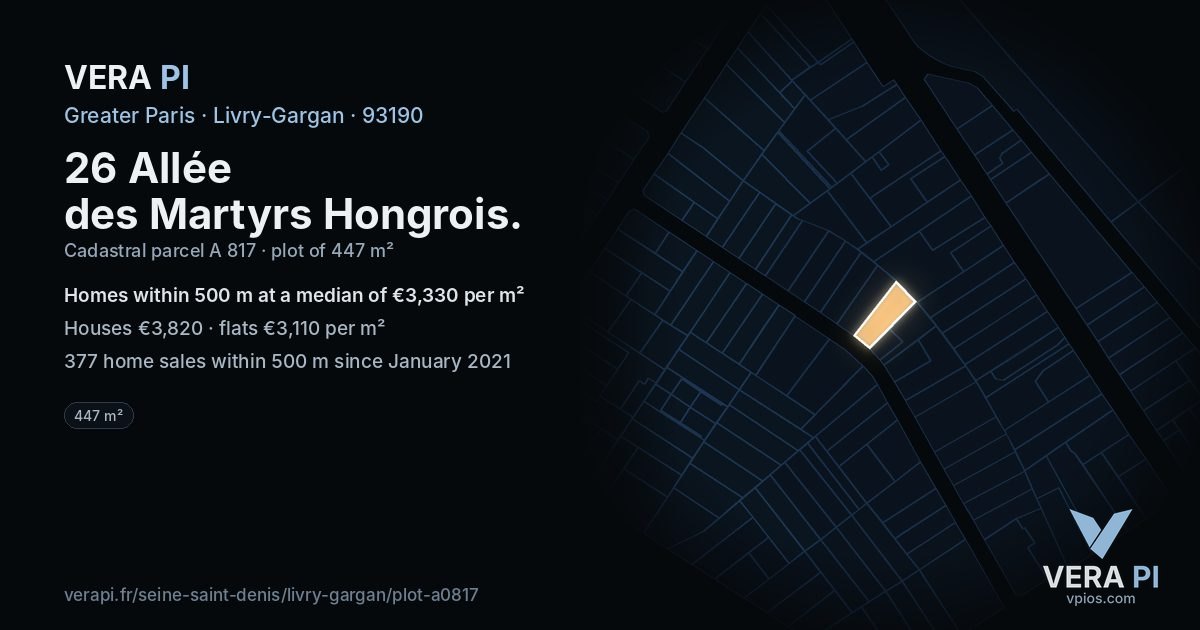 26 Allée des Martyrs Hongrois, Livry-Gargan at night – the plot lit, the parcels around coloured by the prices near them