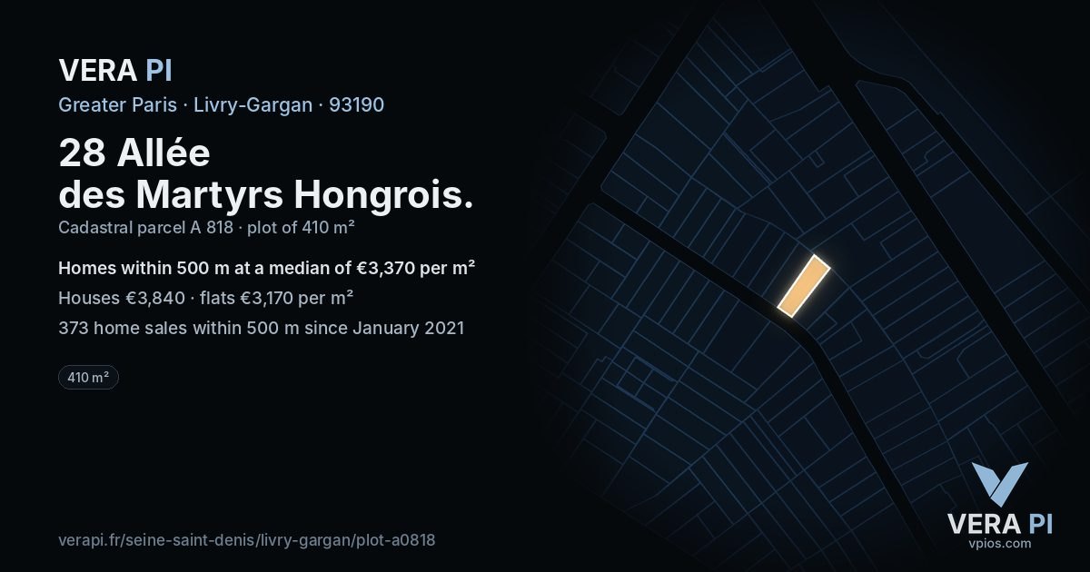28 Allée des Martyrs Hongrois, Livry-Gargan at night – the plot lit, the parcels around coloured by the prices near them