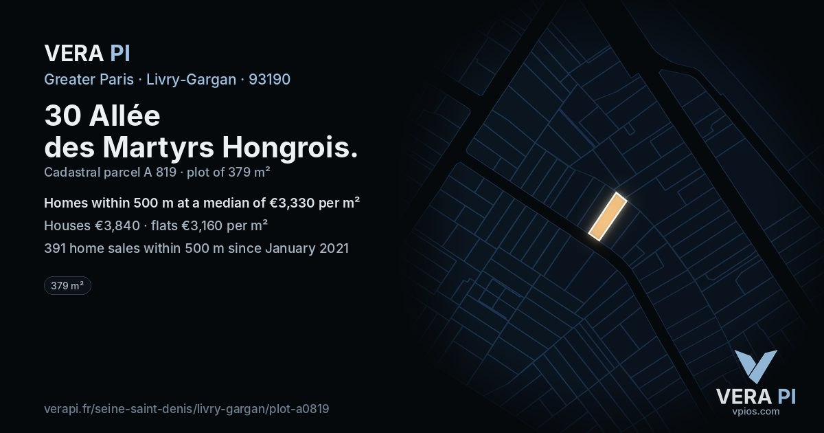 30 Allée des Martyrs Hongrois, Livry-Gargan at night – the plot lit, the parcels around coloured by the prices near them