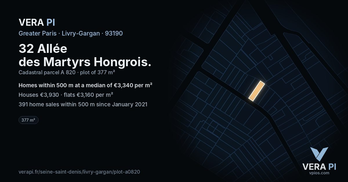 32 Allée des Martyrs Hongrois, Livry-Gargan at night – the plot lit, the parcels around coloured by the prices near them