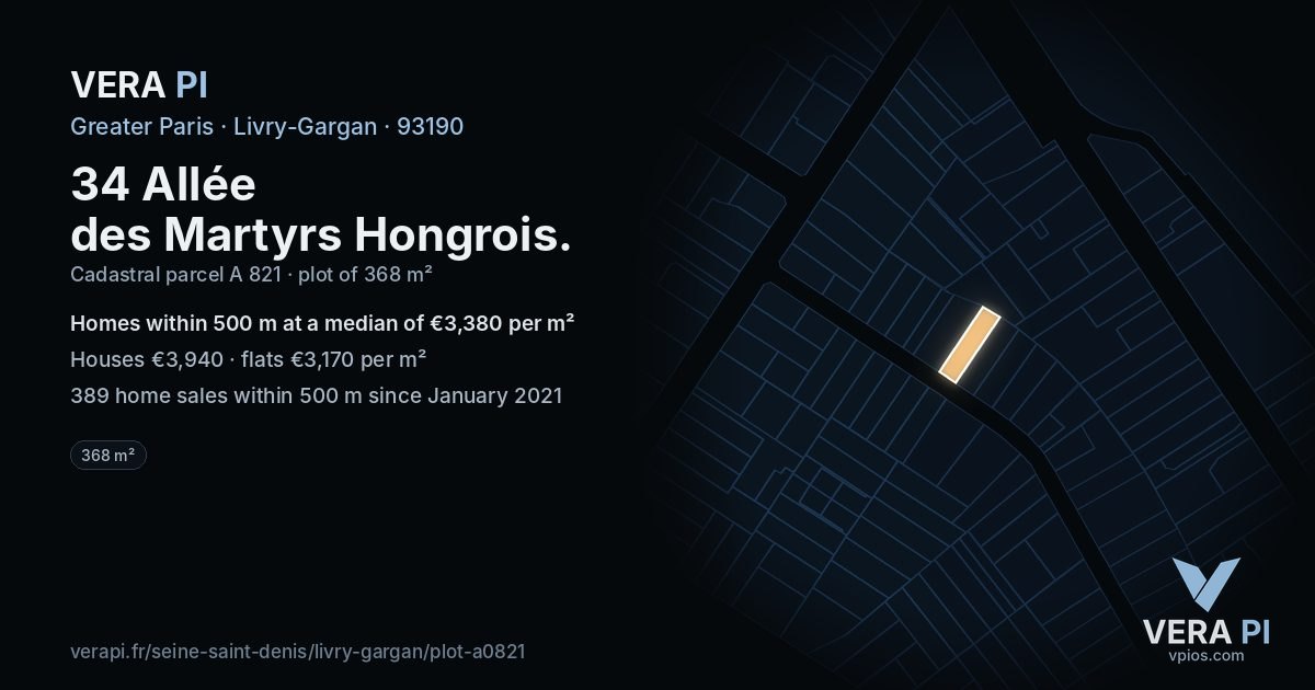 34 Allée des Martyrs Hongrois, Livry-Gargan at night – the plot lit, the parcels around coloured by the prices near them