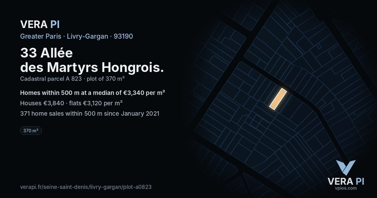 33 Allée des Martyrs Hongrois, Livry-Gargan at night – the plot lit, the parcels around coloured by the prices near them
