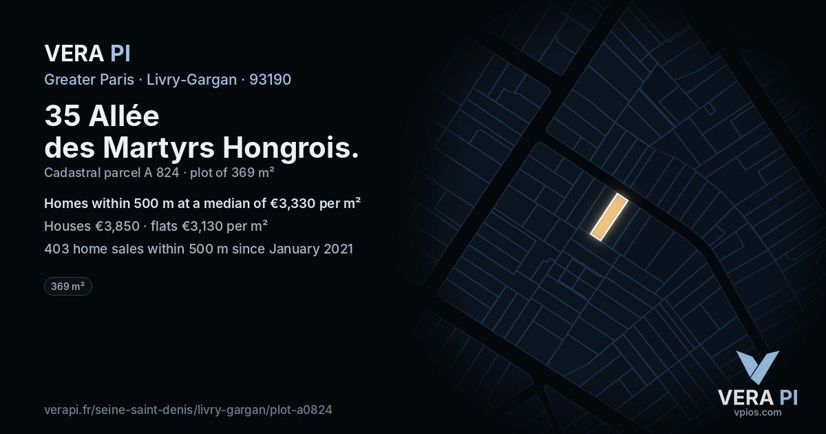35 Allée des Martyrs Hongrois, Livry-Gargan at night – the plot lit, the parcels around coloured by the prices near them