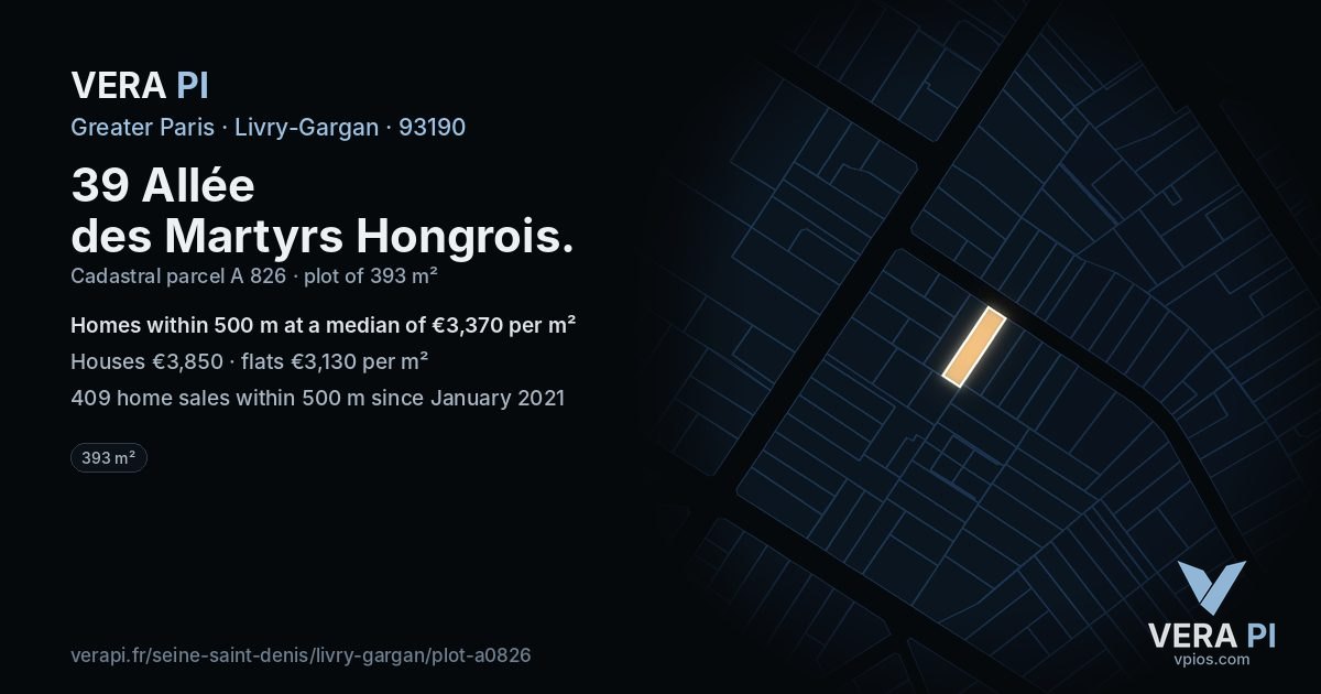 39 Allée des Martyrs Hongrois, Livry-Gargan at night – the plot lit, the parcels around coloured by the prices near them