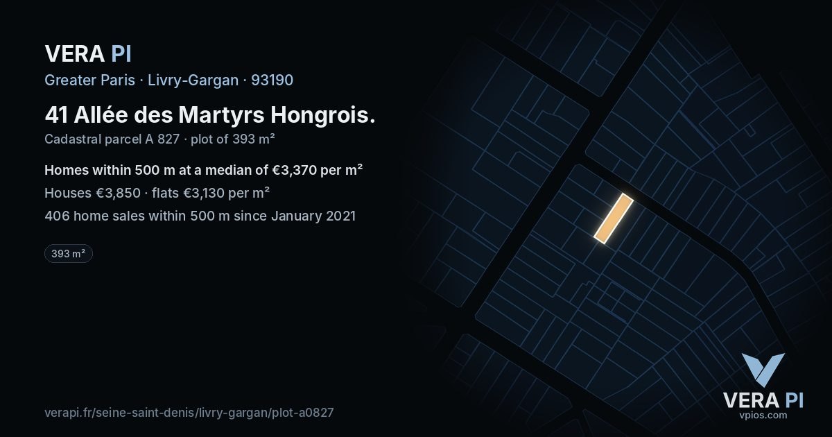 41 Allée des Martyrs Hongrois, Livry-Gargan at night – the plot lit, the parcels around coloured by the prices near them
