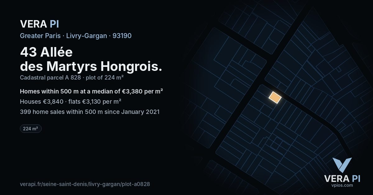 43 Allée des Martyrs Hongrois, Livry-Gargan at night – the plot lit, the parcels around coloured by the prices near them