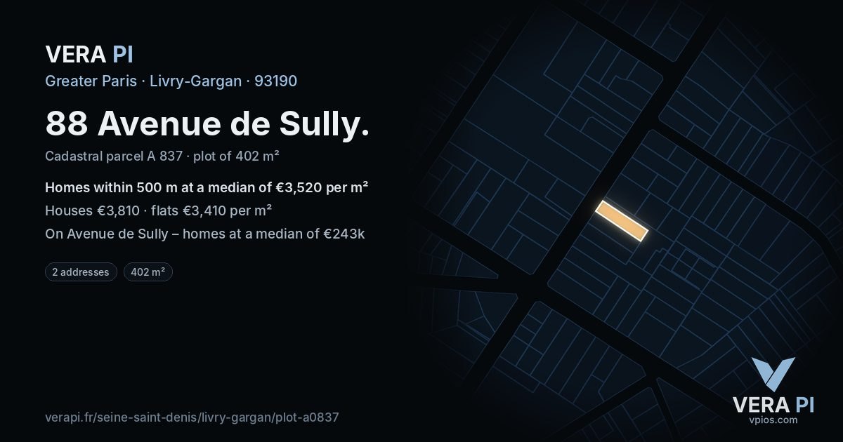 88 Avenue de Sully, Livry-Gargan at night – the plot lit, the parcels around coloured by the prices near them