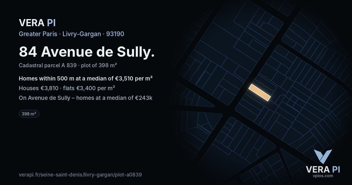 84 Avenue de Sully, Livry-Gargan at night – the plot lit, the parcels around coloured by the prices near them