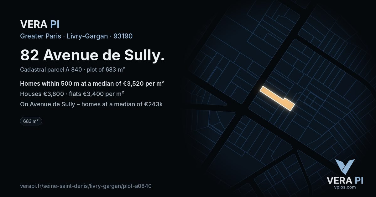 82 Avenue de Sully, Livry-Gargan at night – the plot lit, the parcels around coloured by the prices near them