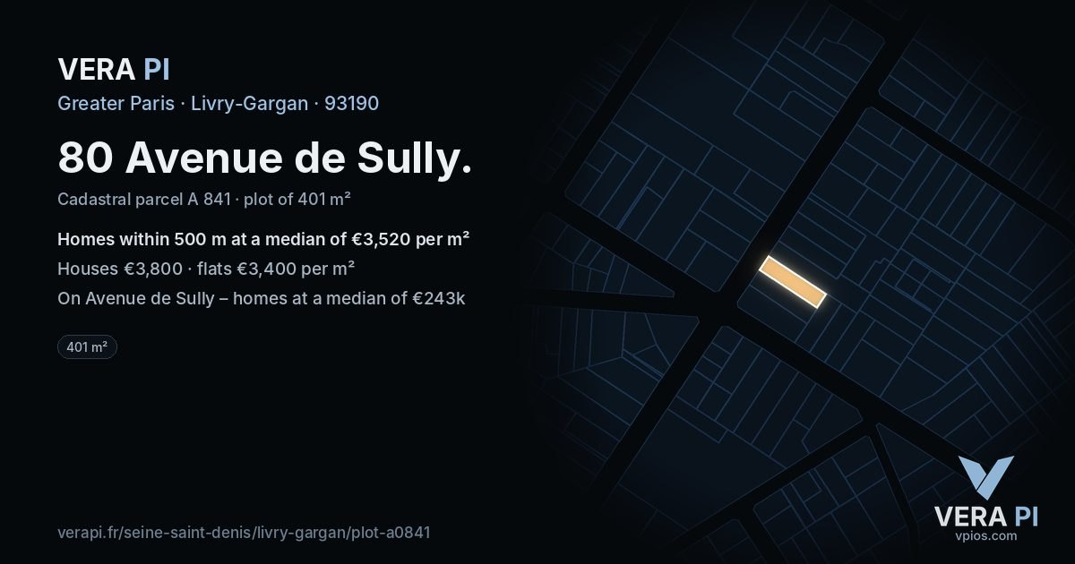 80 Avenue de Sully, Livry-Gargan at night – the plot lit, the parcels around coloured by the prices near them
