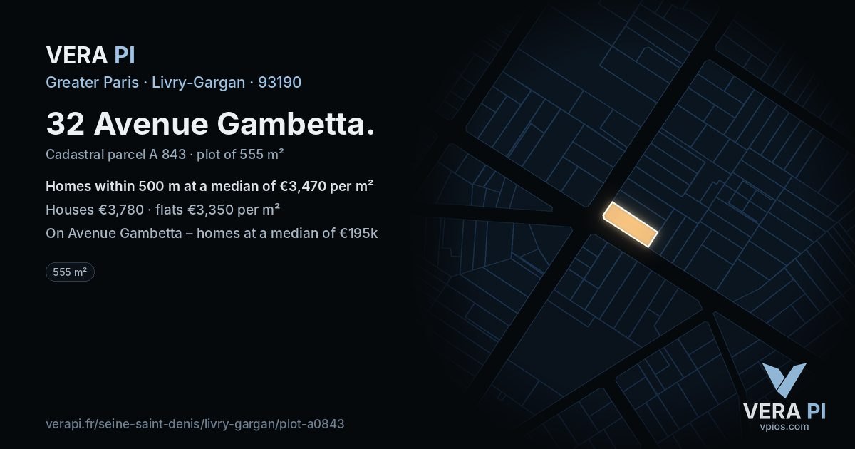 32 Avenue Gambetta, Livry-Gargan at night – the plot lit, the parcels around coloured by the prices near them