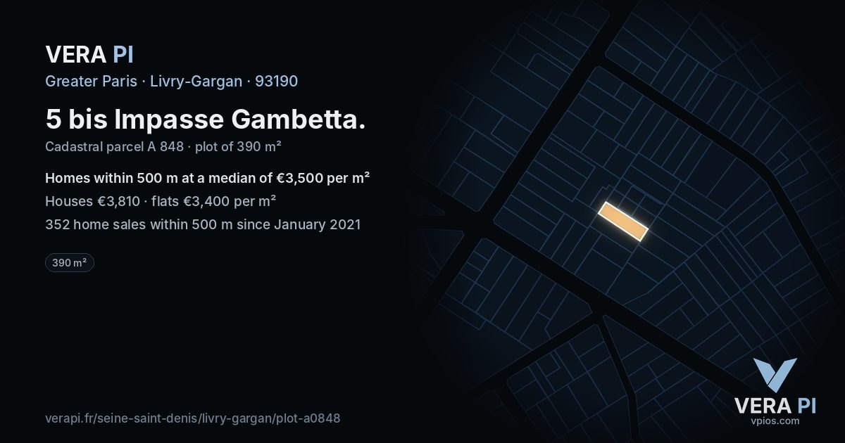 5 bis Impasse Gambetta, Livry-Gargan at night – the plot lit, the parcels around coloured by the prices near them