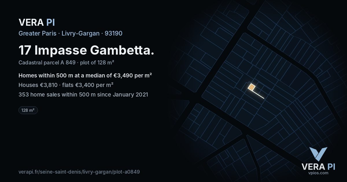 17 Impasse Gambetta, Livry-Gargan at night – the plot lit, the parcels around coloured by the prices near them