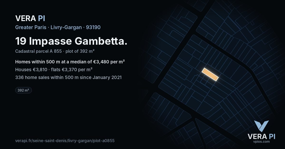 19 Impasse Gambetta, Livry-Gargan at night – the plot lit, the parcels around coloured by the prices near them