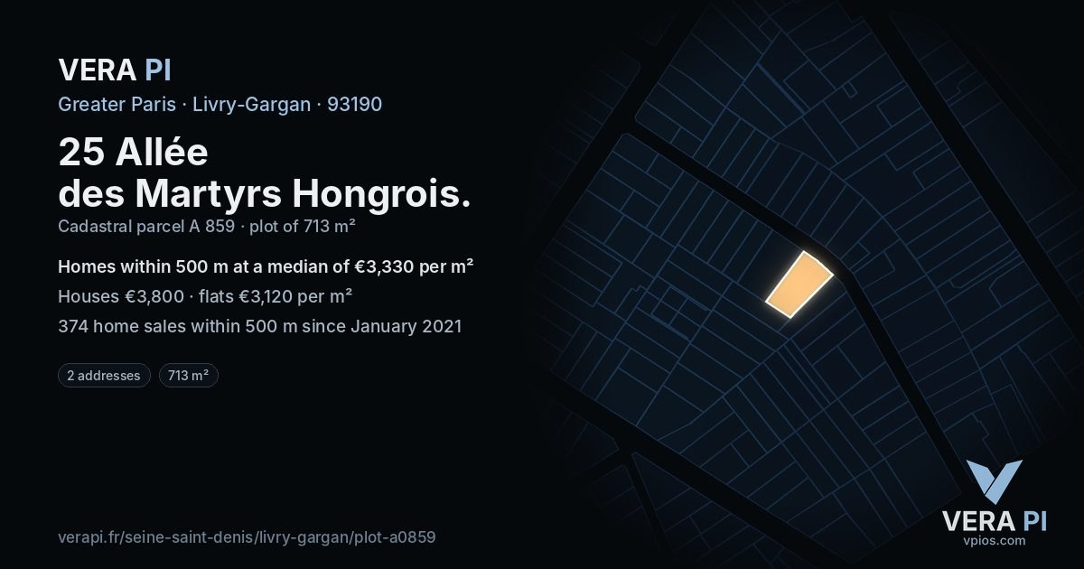 25 Allée des Martyrs Hongrois, Livry-Gargan at night – the plot lit, the parcels around coloured by the prices near them