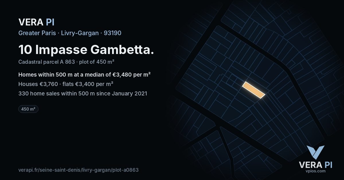 10 Impasse Gambetta, Livry-Gargan at night – the plot lit, the parcels around coloured by the prices near them