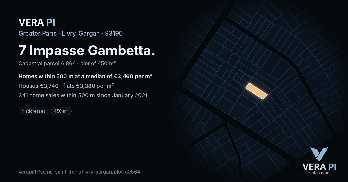 7 Impasse Gambetta, Livry-Gargan at night – the plot lit, the parcels around coloured by the prices near them