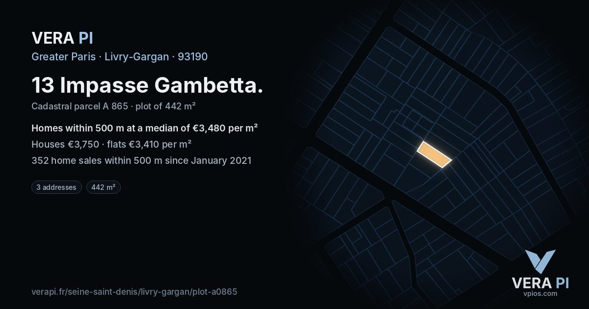 13 Impasse Gambetta, Livry-Gargan at night – the plot lit, the parcels around coloured by the prices near them