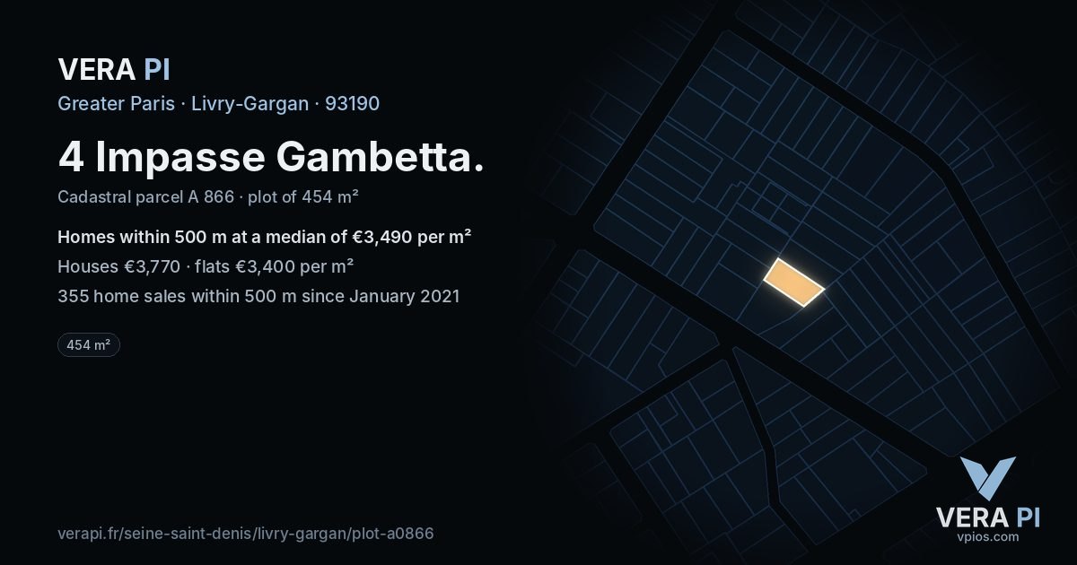4 Impasse Gambetta, Livry-Gargan at night – the plot lit, the parcels around coloured by the prices near them