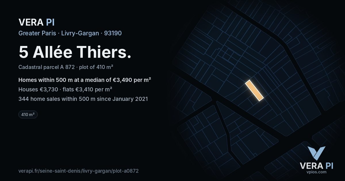 5 Allée Thiers, Livry-Gargan at night – the plot lit, the parcels around coloured by the prices near them