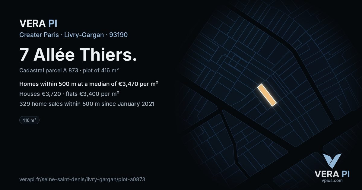 7 Allée Thiers, Livry-Gargan at night – the plot lit, the parcels around coloured by the prices near them