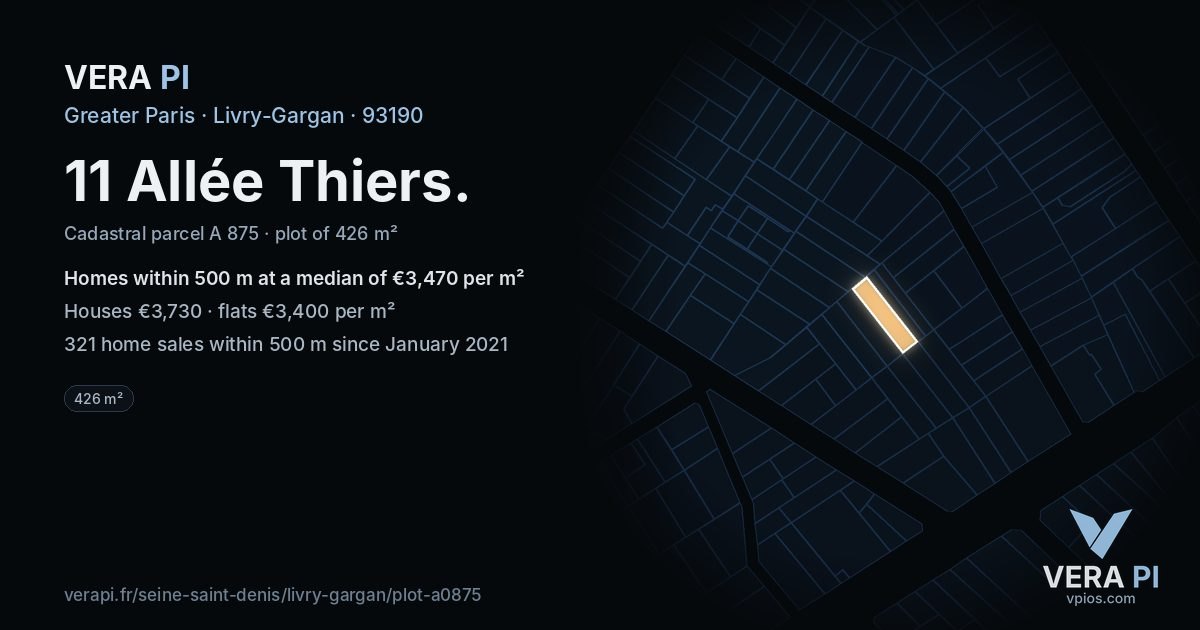 11 Allée Thiers, Livry-Gargan at night – the plot lit, the parcels around coloured by the prices near them