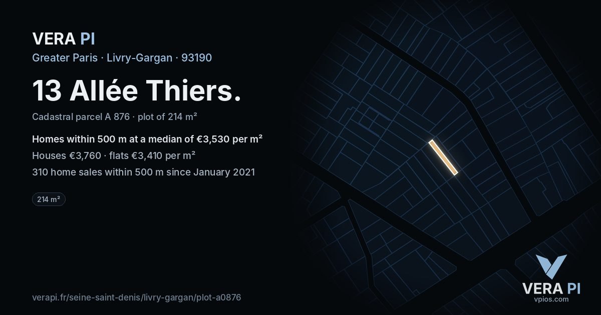 13 Allée Thiers, Livry-Gargan at night – the plot lit, the parcels around coloured by the prices near them