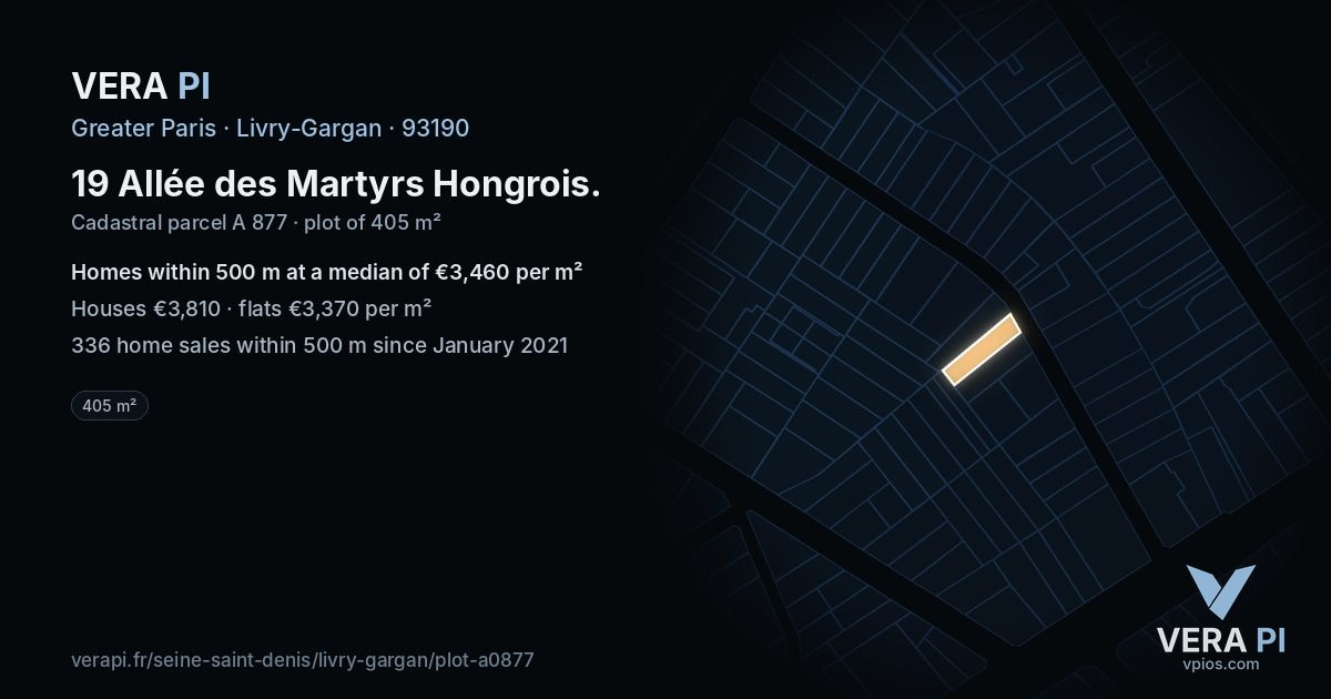 19 Allée des Martyrs Hongrois, Livry-Gargan at night – the plot lit, the parcels around coloured by the prices near them