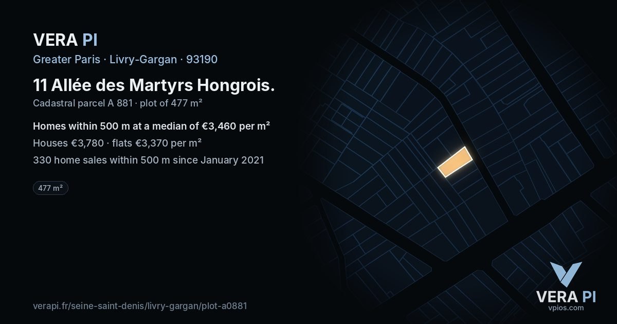 11 Allée des Martyrs Hongrois, Livry-Gargan at night – the plot lit, the parcels around coloured by the prices near them