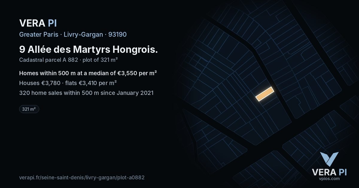 9 Allée des Martyrs Hongrois, Livry-Gargan at night – the plot lit, the parcels around coloured by the prices near them
