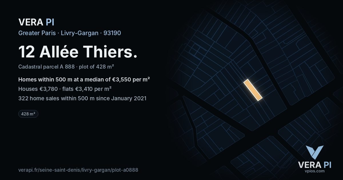 12 Allée Thiers, Livry-Gargan at night – the plot lit, the parcels around coloured by the prices near them