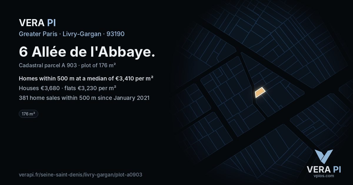 6 Allée de l'Abbaye, Livry-Gargan at night – the plot lit, the parcels around coloured by the prices near them