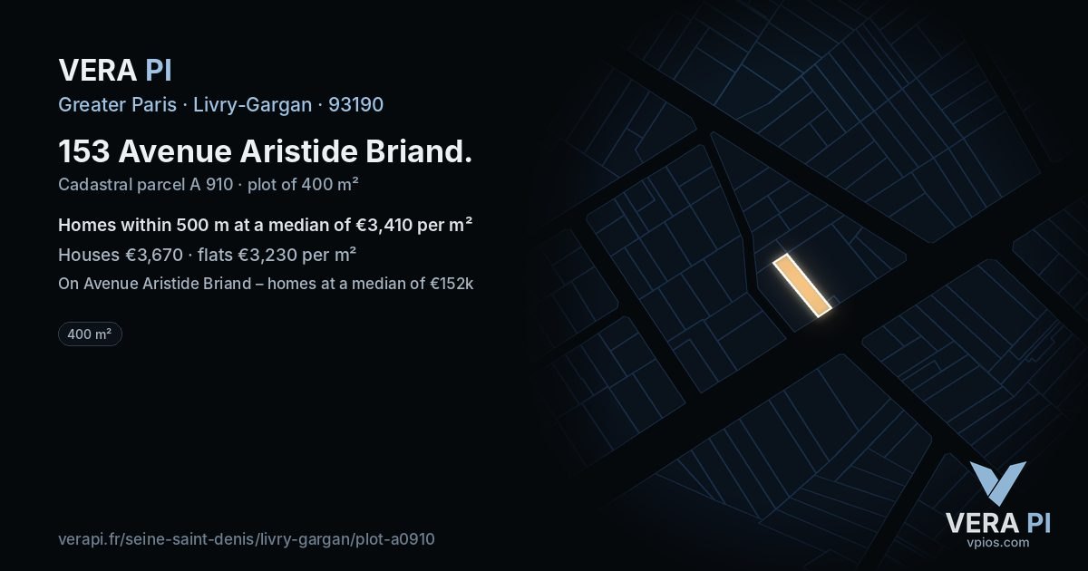 153 Avenue Aristide Briand, Livry-Gargan at night – the plot lit, the parcels around coloured by the prices near them