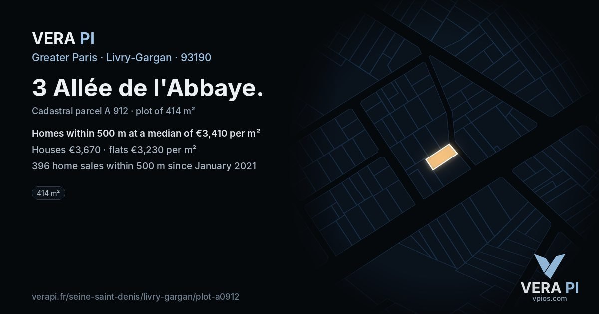 3 Allée de l'Abbaye, Livry-Gargan at night – the plot lit, the parcels around coloured by the prices near them