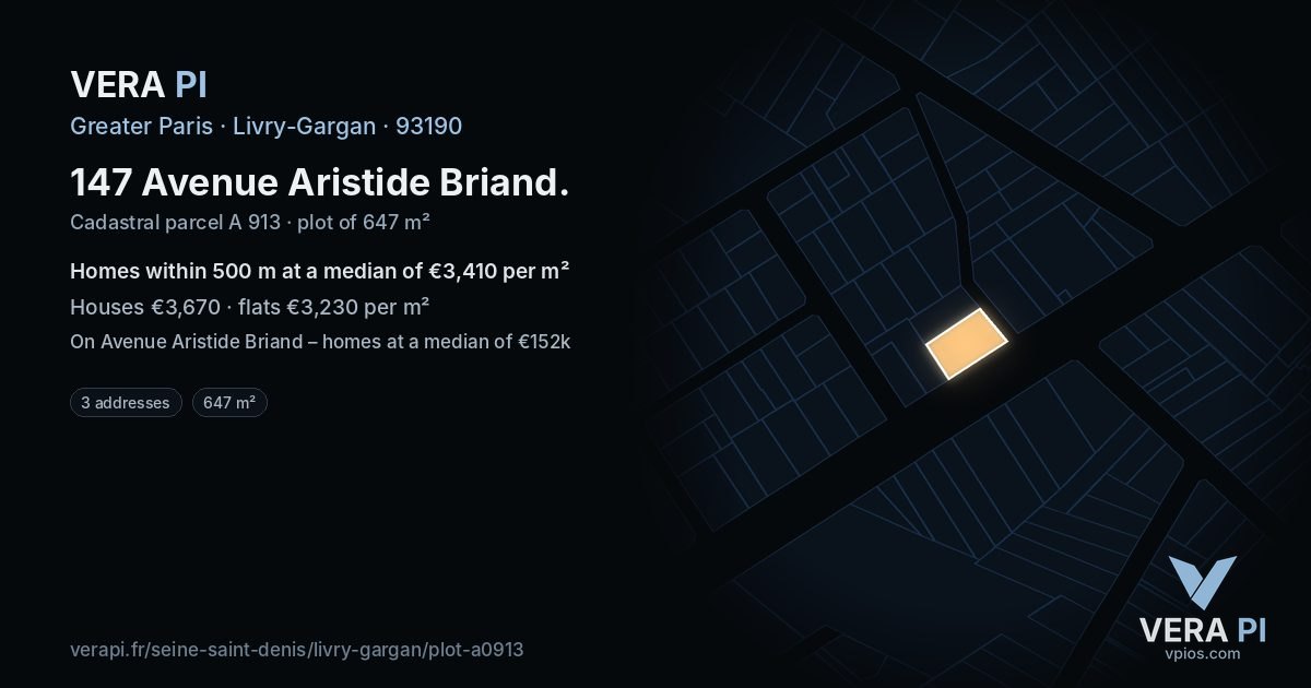 147 Avenue Aristide Briand, Livry-Gargan at night – the plot lit, the parcels around coloured by the prices near them